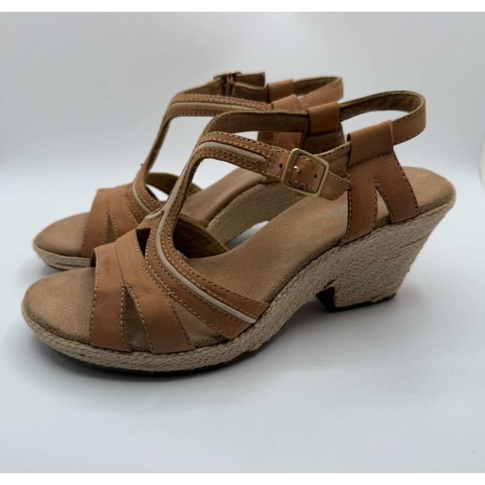 Clarks Rose Limo Wedge Sandals Women Size 7.5M Brown Beige Low Heel Shoes